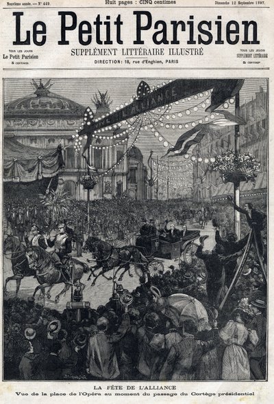 Święto sojuszu francusko-rosyjskiego (francusko-rosyjskiego): widok na Plac Operowy podczas przejścia orszaku prezydenckiego Feliksa Faure (1841-1899). W „Le Petit Parisien”” w dniu 12.09.1897. Prywatna kolekcja autorstwa Anonymous Anonymous