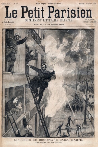 Strażak Paryża: scena ratunkowa podczas pożaru Boulevard Saint-Martin. Grawer w „Le petit Parisien”” z 1891 r. Ze zbiorów prywatnych. autorstwa Anonymous Anonymous