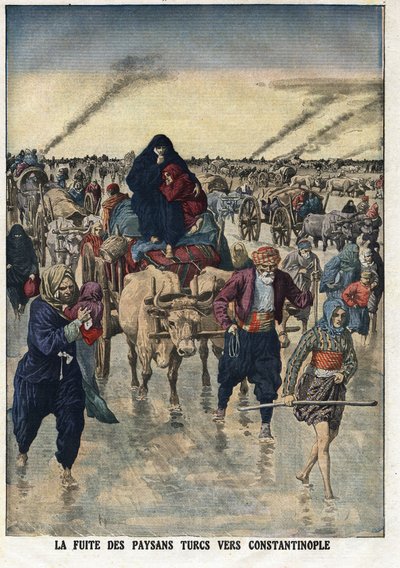 Pierwsza wojna bałkańska: ucieczka chłopów tureckich do Konstantynopola. Ilustracja zaczerpnięta z „”Le Petite Journal”” 24.11.1912 Kolekcja prywatna. autorstwa Anonymous Anonymous