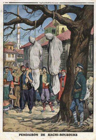 Pierwsza wojna bałkańska (Balkan): powieszenie Bachibuzuka (Bachibuzuk, Bachi Buzuk), najemnych jeźdźców armii osmańskiej, rabusiów i szabrowników, schwytanych przez wojska bułgarskie we wsi Ketcheukeli. Ilustracja zaczerpnięta z „Le Petite Journal”” 12.08 autorstwa Anonymous Anonymous