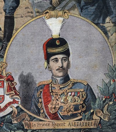 Pierwsza wojna światowa 1914-1918 (14-18): Portret księcia regenta Serbii Aleksandra, który został królem Aleksandrem I Jugosławii lub Aleksandrem II Serbii (1888-1934). Grawerowanie w „”Le Petite Journal”” autorstwa Anonymous Anonymous