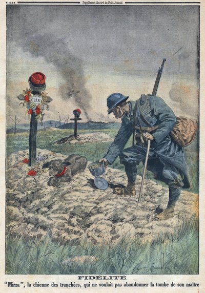 I wojna światowa 1914-1918 (wojna 14-18). Pies odmawiający porzucenia grobu zmarłego pana w okopie. W „”Le Petite Journal””, dnia 10.09.1916. Prywatna kolekcja autorstwa Anonymous Anonymous