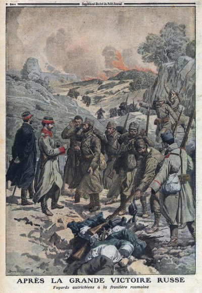 I wojna światowa 1914-1918 (wojna 14-18). Po wielkim zwycięstwie Rosjan uciekający przed armią austriacką rzucili broń na granicę rumuńską. W „” Le Petite Journal””, 2/07/1916. Prywatna kolekcja autorstwa Anonymous Anonymous