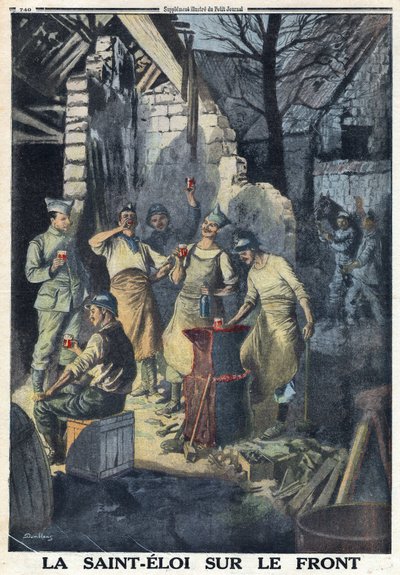 I wojna światowa 1914-1918 (wojna 14-18). Obchody świętego Eloja (Saint-Eloi) żołnierzy na froncie. Wszyscy piją kieliszek czerwonego wina na przyjęcie. W „” Le Petite Journal”, w dniu 3.12.1916. Prywatna kolekcja autorstwa Anonymous Anonymous