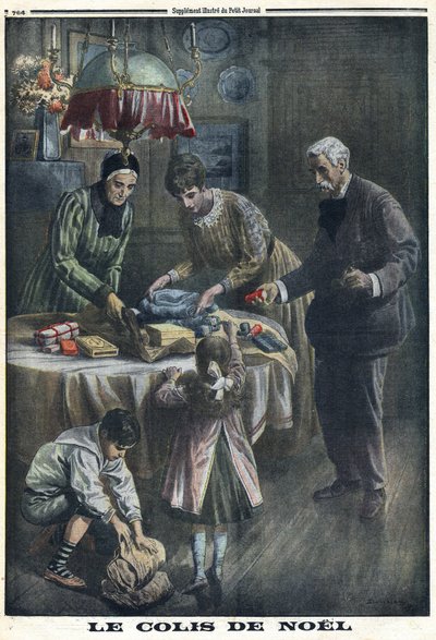 I wojna światowa 1914-1918 (wojna 14-18). Prezent świąteczny: Dzieci otrzymują i rozpakowują paczki, które otrzymały od ojca na polu bitwy w Wigilię. W „”Le Petite Journal””, dnia 24.12.1916. Prywatna kolekcja autorstwa Anonymous Anonymous