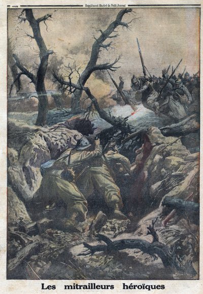 I wojna światowa 1914-1918 (wojna 14-18). Francuscy strzelcy maszynowi strzelali do atakujących wojsk niemieckich. W „”Le Petite Journal””, dnia 9.04.1916. Prywatna kolekcja autorstwa Anonymous Anonymous