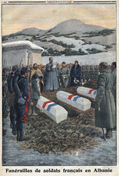 I wojna światowa 1914-1918 (wojna 14-18). Pogrzeb żołnierzy francuskich w Albanii. W „” Le Petite Journal” autorstwa Anonymous Anonymous