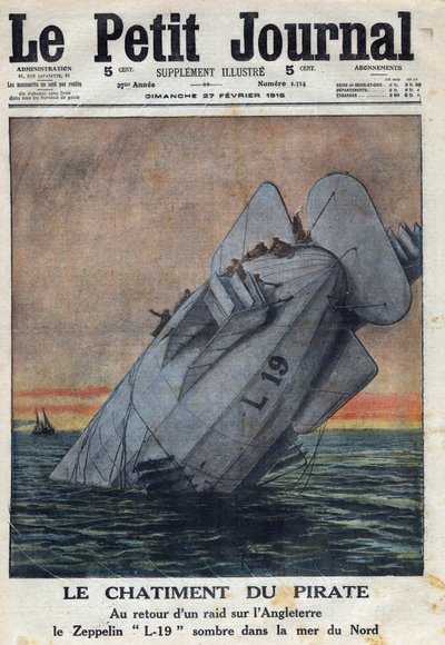 I wojna światowa 1914-1918 (wojna 14-18). Po powrocie nalotu na Anglię Zeppelin L-19 niemieckiego lotnictwa zawiódł na Morzu Północnym. W „” Le Petite Journal””, 27.02.1916. Prywatna kolekcja autorstwa Anonymous Anonymous