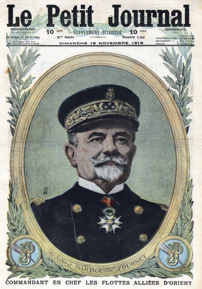 I wojna światowa 1914-1918 (wojna 14-18). Portret admirała Dartige du Fournet, dowódcy naczelnego alianckich flot Orientu. W „”Le Petite Journal””, dnia 19.11.1916. Prywatna kolekcja autorstwa Anonymous Anonymous