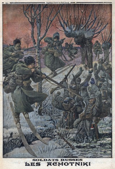 I wojna światowa 1914-1918 (wojna 14-18). Rosyjscy żołnierze Ahotniki na nartach strzelają do niemieckich żołnierzy. W „” Le Petite Journal”, 23.01.2016 r. Prywatna kolekcja autorstwa Anonymous Anonymous