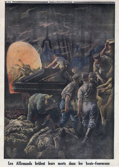 I wojna światowa 1914-1918 (wojna 14-18). Niemcy palą w piecach poległych żołnierzy. W „”Le Petite Journal””, dnia 23.04.1916. Prywatna kolekcja autorstwa Anonymous Anonymous