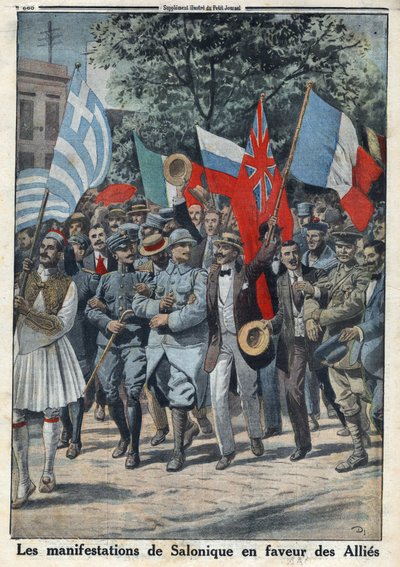 I wojna światowa 1914-1918 (wojna 14-18). Protesty w Salonikach (lub Salonikach w Grecji) na korzyść sojuszników. W „”Le Petite Journal””, dnia 24.09.1916. Prywatna kolekcja autorstwa Anonymous Anonymous