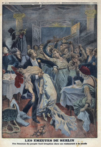 I wojna światowa 1914-1918 (wojna 14-18). Kobiety z ludu włamują się do modnej restauracji i domagają się powrotu mężów. W „”Le Petite Journal””, dnia 16.01.1916. Prywatna kolekcja autorstwa Anonymous Anonymous