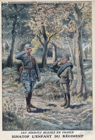I wojna światowa 1914-1918 (wojna 14-18). Młody rosyjski żołnierz Ignatof w pułku armii francuskiej. W „”Le Petité Journal””, dnia 21.05.1916. Prywatna kolekcja autorstwa Anonymous Anonymous