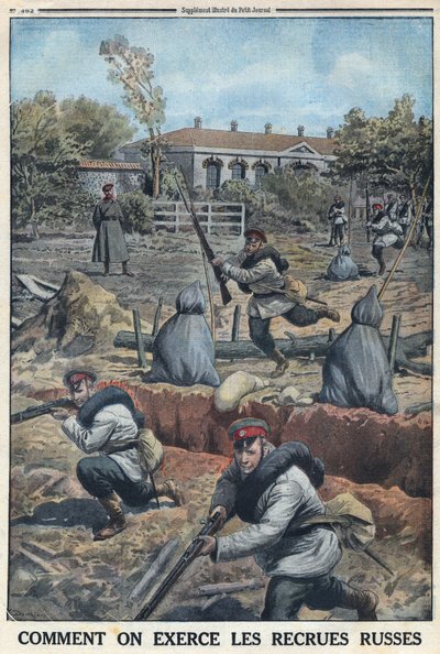 I wojna światowa 1914-1918 (wojna 14-18). Szkolenie młodych żołnierzy rekrutowanych przez armię rosyjską. W „” Le Petite Journal””, 30.04.1916. Prywatna kolekcja autorstwa Anonymous Anonymous