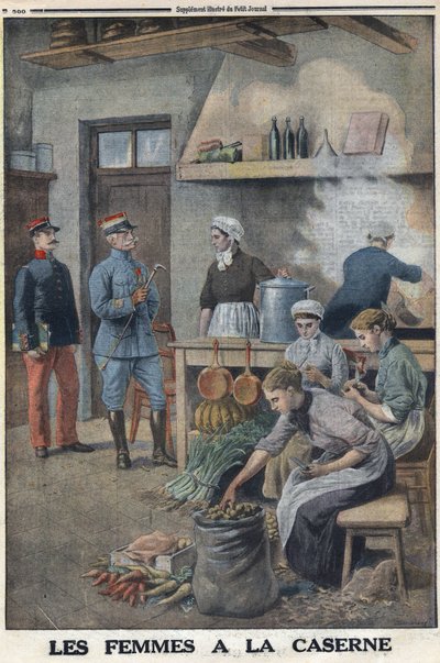 I wojna światowa 1914-1918 (wojna 14-18). Kobiety przygotowujące jedzenie w koszarowych kuchniach. Trzech kucharzy w garnku ziemniaczanym obiera ziemniaki. W „”Le Petite Journal””, dnia 7.05.1916 r. Prywatna kolekcja autorstwa Anonymous Anonymous