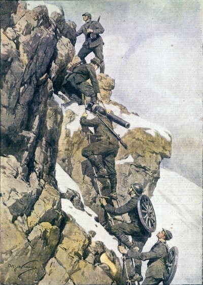 Pierwsza wojna światowa: „”włoscy łowcy alpejski (alpino lub alpini) niosący materiał na szczycie włoskich Alp autorstwa Anonymous Anonymous