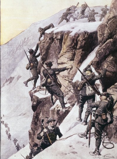 Pierwsza wojna światowa: włoscy łowcy wysokogórscy (alpino lub alpini) wspinający się na szczyt Tuckettspitze (szczyt Tuckett-Spitze lub Tuckett), Alpy około 1915 r. Ilustracja z „La domenica del corriere”” autorstwa Anonymous Anonymous