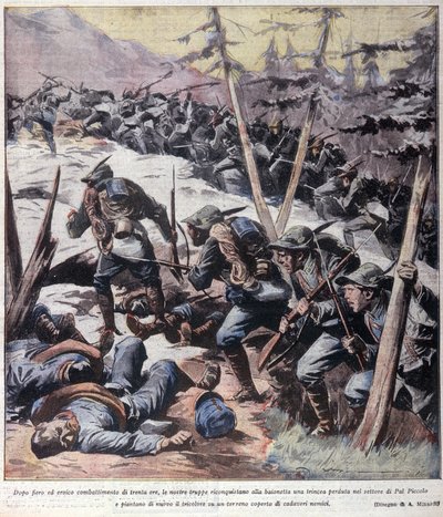 Pierwsza wojna światowa: „”Włoscy łowcy alpejscy (alpino lub alpini) odbierają wrogom Pal Piccolo, Alpy włoskie”” 1916 Ilustracja z „La domenica del corriere”” autorstwa Anonymous Anonymous