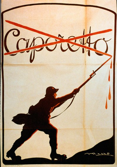 Pierwsza wojna światowa: plakat opublikowany z okazji klęski Caporetto (lub bitwy pod Karfreit) pod koniec października 1917 przedstawiający żołnierza armii włoskiej, który zdarł nazwę „Caporetto” z czubka swojego baonety. Program Illustrator nie jest iden autorstwa Anonymous Anonymous