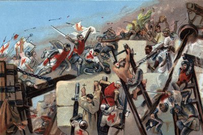 Pierwsza krucjata (1096-1099): zdobycie Jerozolimy przez krucjaty prowadzone przez Godefroya (Godefroi) z Bouillon (1061-1100) 15 lipca 1099. Chromolitografia reklamowa czekoladek Antoine w Brukseli, początek XX wieku. Prywatna kolekcja autorstwa Anonymous Anonymous