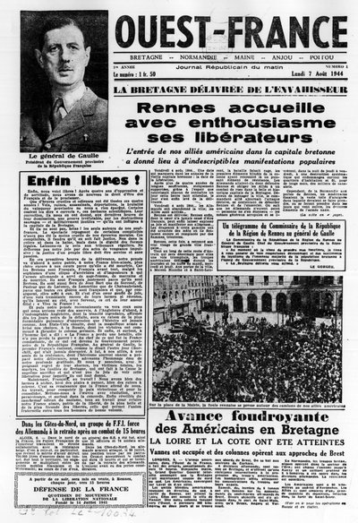 Pierwszy numer Zachodniej Francji z 7 sierpnia 1944 r.: La La La La Liberation na zachodzie Francji i generał de Gaulle - fotografia, B.N. autorstwa Anonymous Anonymous