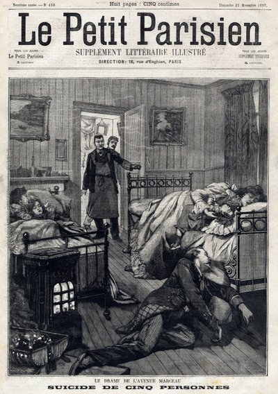 Pięć samobójstw na Avenue Marceau w Paryżu. W „”Le Peute Parisien”” w dniu 21.11.1897. Prywatna kolekcja autorstwa Anonymous Anonymous
