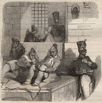 Zmuszony do odpoczynku w więzieniu Rochefort w XIX wieku. Grawer „Historia więzień od ich powstania do dnia dzisiejszego” (1877) autorstwa Pierre