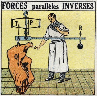 Siły: odwrotne siły równoległe. Rzeźnik ważący tuszę mięsną rzymską wagą. Anonimowa ilustracja z 1925 r. Ze zbiorów prywatnych. autorstwa Anonymous Anonymous