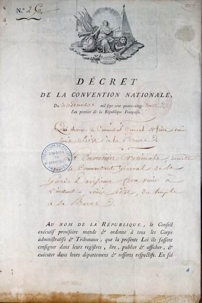 Rewolucja Francuska: Dekret Konwencji z 11.12.1792 nakazujący Gwardii Narodowej sprowadzenie króla Ludwika XVI z więzienia Temple na dwór. Paryż. Prefektura policji autorstwa Anonymous Anonymous