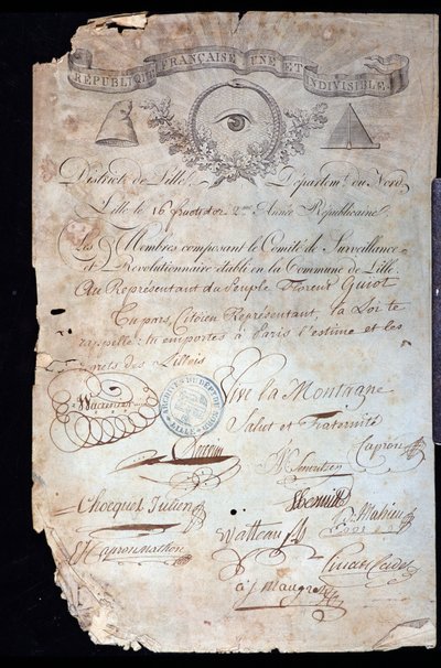 Rewolucja Francuska: poświadczenie obywatelstwa Guiot de Saint-Florent (Saint Florent) dit Florent-Guiot (lub Florent-Guyot) (1735-1834), rewolucjonisty i przedstawiciela ludu, przez Komitet Rewolucyjny w Lille z 16 lat II (02/09/1 autorstwa Anonymous Anonymous