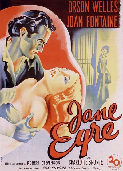 Francuski plakat filmowy do filmu „”Jane Eyre”” napisany przez Charlotte Bronte i wyreżyserowany przez Roberta Stevensona w 1944 roku z aktorami Orsonem Wellesem jako Edward Rochesterem i Joan Fontaine jako Jane. Prywatna kolekcja. autorstwa Anonymous Anonymous