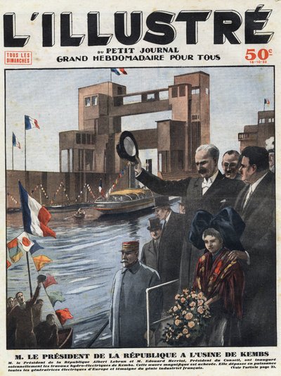 Przemysł francuski: Albert Lebrun (1871-1950), prezydent Republiki i Edouard Herriot (1872-1957), przewodniczący rady zainaugurowali elektrownię wodną Kembs w Haut-Rhin (Haut Rhin) w Alzacji. Grawerowanie nagłówka „” L