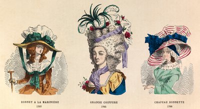 Od lewej do wrony: Hat a la Marinerere w 1787 r.; Grande Hairstyle z 1785 i Hat Bonnette z 1786 - kolekcja prywatna autorstwa Anonymous Anonymous