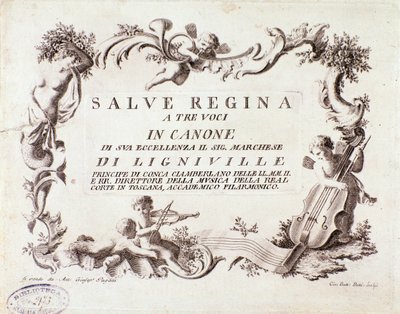 Frontyspis partytury hymnu Salve regina na trzy głosy markiza Ligneville (1768) autorstwa Anonymous Anonymous