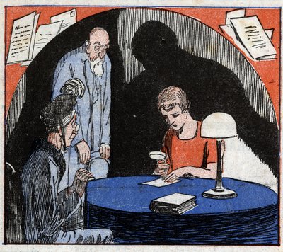 Grafologia: grafolog, konsultowany przez parę staruszków, czyta pod lupą odręczne pismo danej osoby, aby wywnioskować cechy psychologiczne. Grawer w „Le Petite Journal illustrious”” 1926. Zbiory prywatne. autorstwa Anonymous Anonymous