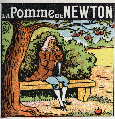 Grawitacja: jabłko Newtona. Isaac Newton (1642-1727) obserwuje spadające z jabłoni jabłko i odkrywa prawa ziemskiej grawitacji (grawitacji). Anonimowa ilustracja z 1925 r. Ze zbiorów prywatnych. autorstwa Anonymous Anonymous