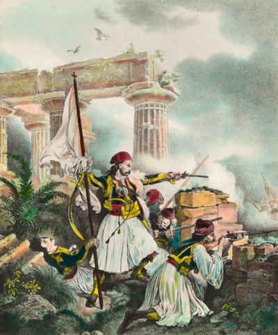 Grecka wojna o niepodległość przeciwko Imperium Osmańskiemu: sztandar wznosi się do Salony przez Nickolaki Mitropolos po powstaniu 25.03.1821. Litografia XIX-wiecznej kolekcji prywatnej autorstwa Anonymous Anonymous