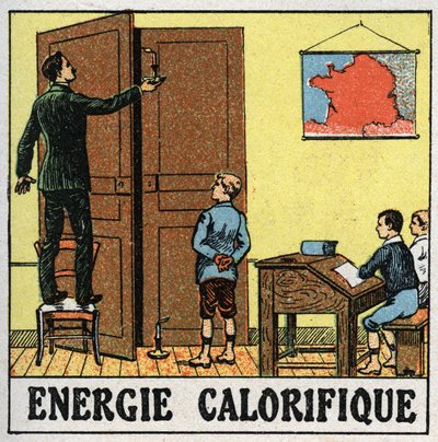 Energia cieplna: nauczyciel w klasie trzyma świecę w pobliżu otwartych drzwi. Anonimowa ilustracja z 1925 r. Ze zbiorów prywatnych. autorstwa Anonymous Anonymous