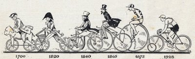 Historia roweru: różne modele roweru od 1700 do 1928 r. Grawerowanie w „Le petit journal illustious”” autorstwa Anonymous Anonymous