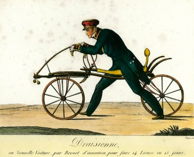 Historia roweru: drezyna, bardzo popularny nowy samochód około 1818 roku. Rycina z 1818 roku. Zbiory prywatne autorstwa Anonymous Anonymous