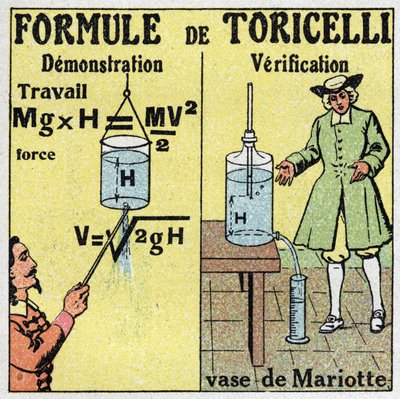 Hydraulika: demonstracja i weryfikacja wzoru Toricelli. Włoski fizyk Evangelista Torricelli lub Toricelli (1608-1647) podał wzór obliczania natężenia przepływu cieczy, gdy zna się wysokość jej opadania. Po prawej wazon autorstwa Anonymous Anonymous