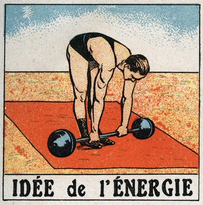 Idee energii: sportowiec podnoszący ciężar. Anonimowa ilustracja z 1925 r. Ze zbiorów prywatnych. autorstwa Anonymous Anonymous