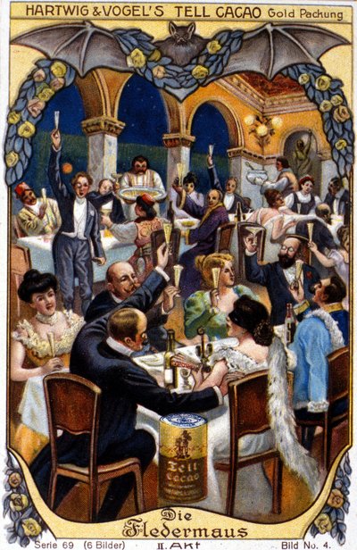 Ilustracja do „Nietoperza – Mysz” Johana Straussa. Akt II. chromolitografia z końca XIX wieku.. autorstwa Anonymous Anonymous