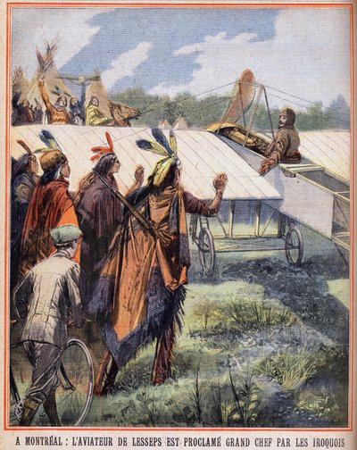 W Montrealu: lotnik Charlesa Lessepsa (1849-1923) został ogłoszony wielkim wodzem przez Indian Irokezów, którzy widzieli go latającego po niebie. Grawer w „Le petit parisien”” w dniu 24.07.1910. Prywatna kolekcja. autorstwa Anonymous Anonymous