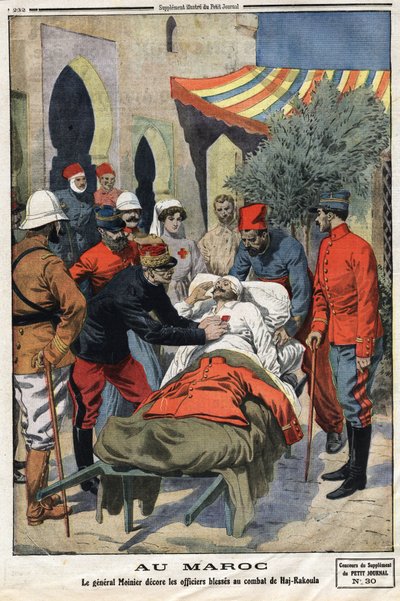 W Maroku generał Moinier odznacza krzyżem Legii Honorowej oficerów rannych w bitwie pod Haj Rakoula (HajRakoula) Grawer w „Le Petite Journal” z dnia 21.07.1912 r. Prywatna kolekcja. autorstwa Anonymous Anonymous