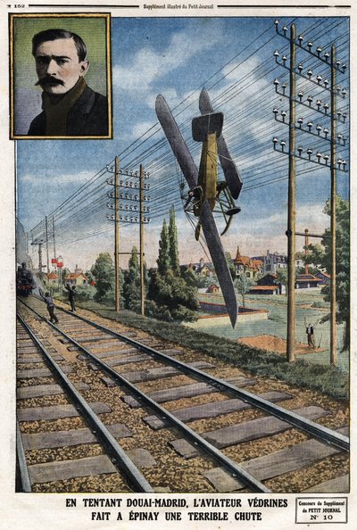 W kuszącym Douai - Madrycie, lotnik Jules Vedrines (1881-1919) sprawił, że Epinay spadł strasznie. Grawerowanie w Le Petit Journal”, dnia 12.05.1912 r. autorstwa Anonymous Anonymous