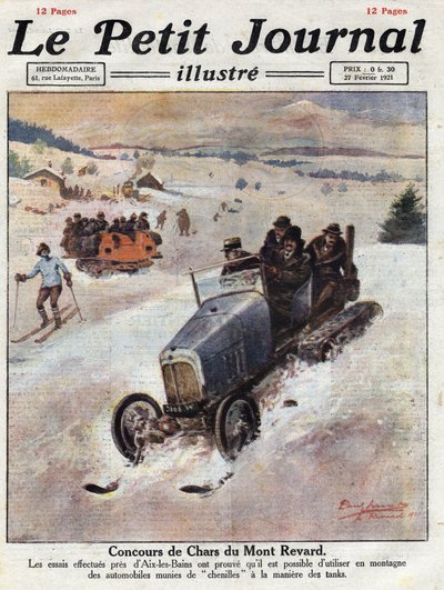Innowacje w samochodach w górach, tory są umieszczone na kołach, aby uniknąć uszkodzeń. Ilustracja zaczerpnięta z „”Le petit journal”” z 27.02.1921. Prywatna kolekcja autorstwa Anonymous Anonymous