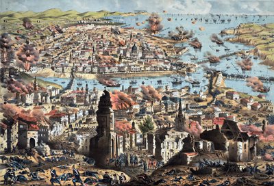 Wnętrze Sewastopola (Sewastopol), zniszczenie miasta przez Rosjan, ich odwrót - Nieznany oficer artylerii - 1855 - Litografia kolorowa - 51,3x68,4 - Kolekcja prywatna autorstwa Anonymous Anonymous