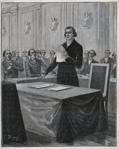 Jean Baptiste (Jean-Baptiste) Andre Dumas (1800-1884) Francuski chemik przedstawił Akademii Nauk swój raport na temat wynalazku Ruolza i Elkingtona. Grawer z 1885 roku w „Les arts et metiers illustres” Adolphe BITARD. autorstwa Anonymous Anonymous